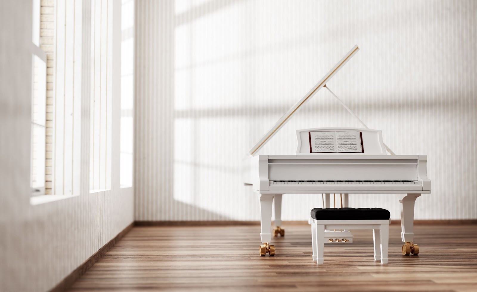 Ivory white grand piano in an elegant, classical-style room with ornate decor