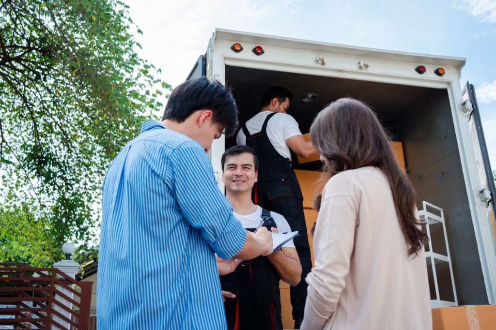 Man signing moving documents as he inspects the boxes and furniture being unloaded from a pickup truck with his wife